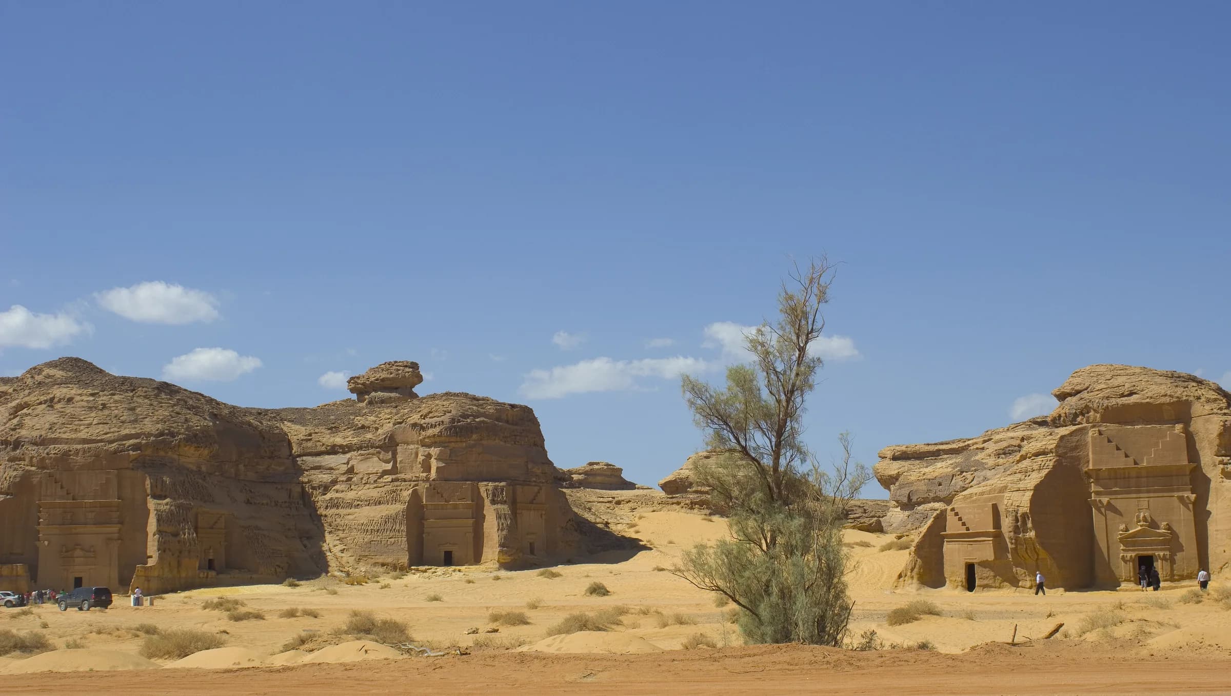 Ancient rock-cut tombs at Hegra, Saudi Arabia's first UNESCO World Heritage Site near AlUla.